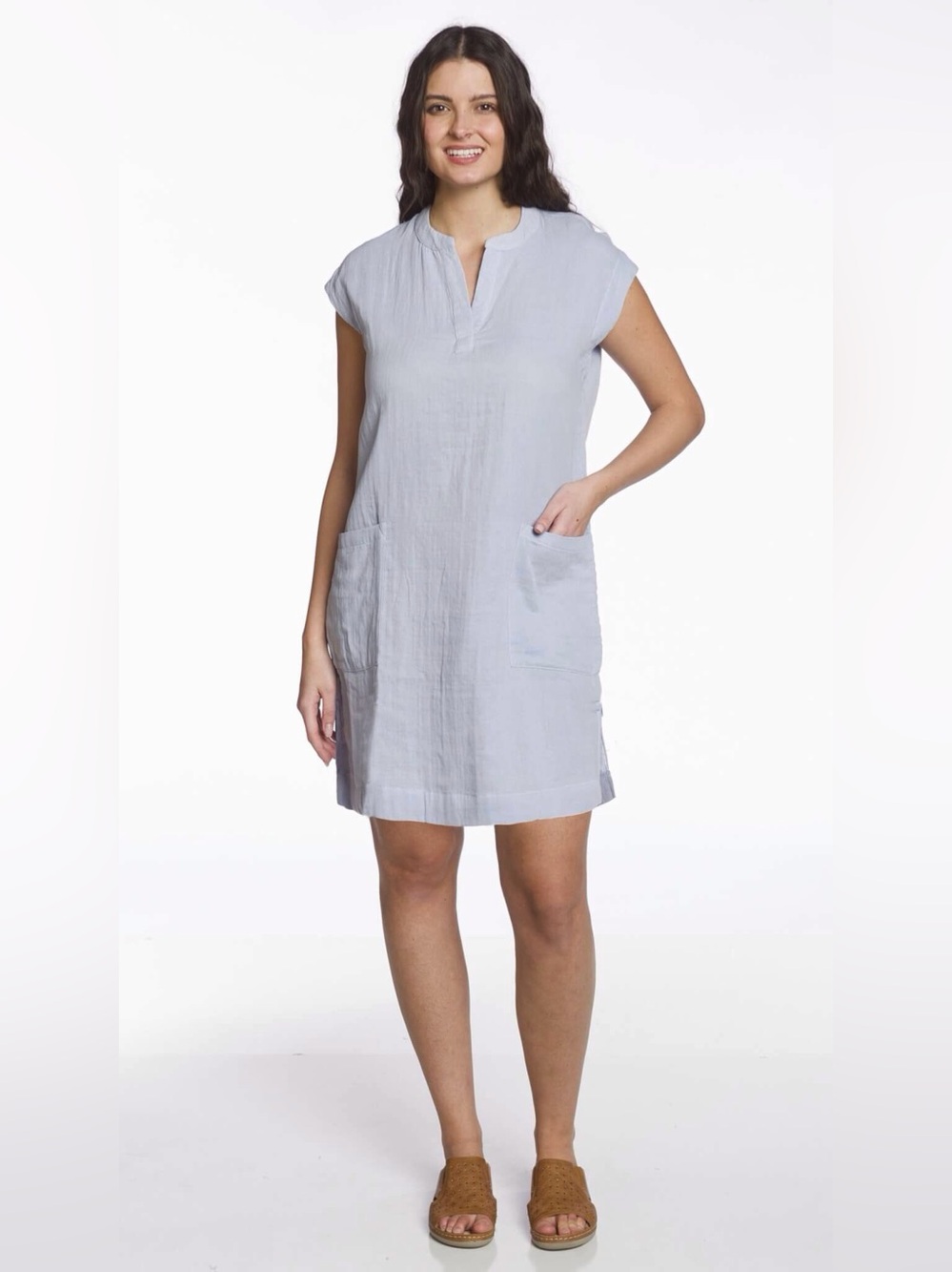 Cotton Gauze Cap Sleeve V-Neck Dress with Patch Pockets-Sky